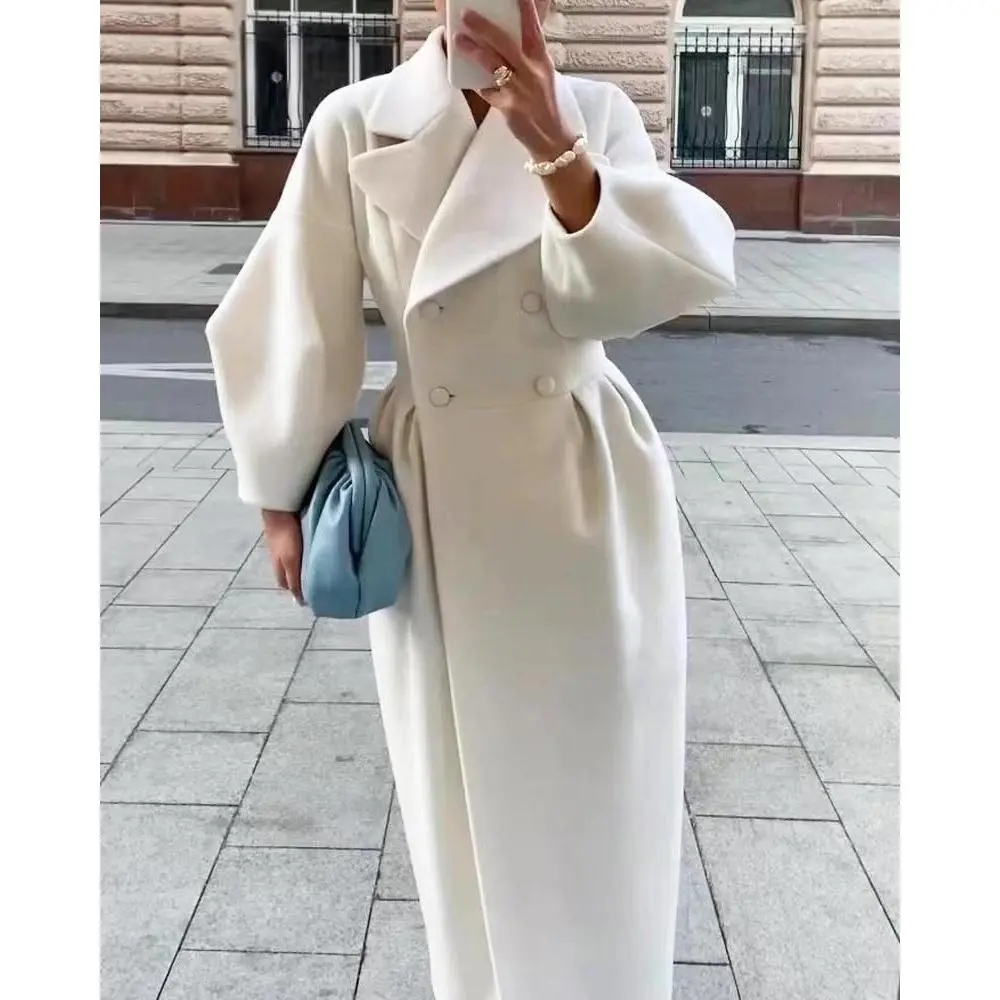 Vintage court style lantern sleeves large lapel woolen coat long coat