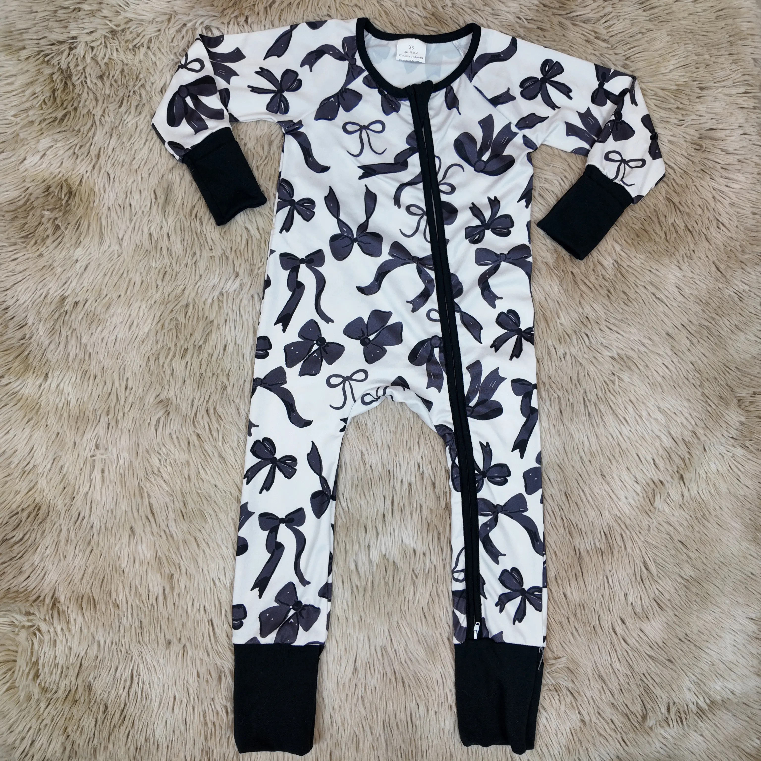 Baby Girls' Elegant Bow Print Sleepwear - Long-Sleeve Zipper Sleep Suit for Home, Travel Use, Newborns