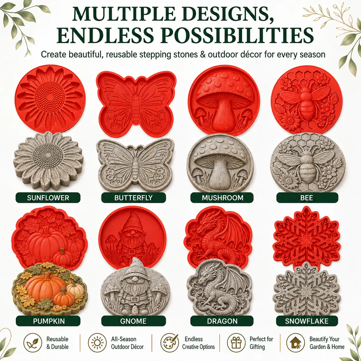 Reusable Sunflower-Snowflake Gnome Concrete Stepping Stone Mold - DIY Pathway Maker with Reusability, Handmade Craft Tool for Garden Patio Yard Landscaping & Garden Decor