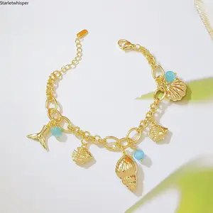 Ocean Inspired Shell Conch Mermaid Tail Bracelet, 18K Gold Plated with Blue Cat Eye Stone, Minimalist Unique Design, Trendy Summer Beach Jewelry for Women, Perfect for Daily Wear, Vacation & Beach Outfits
