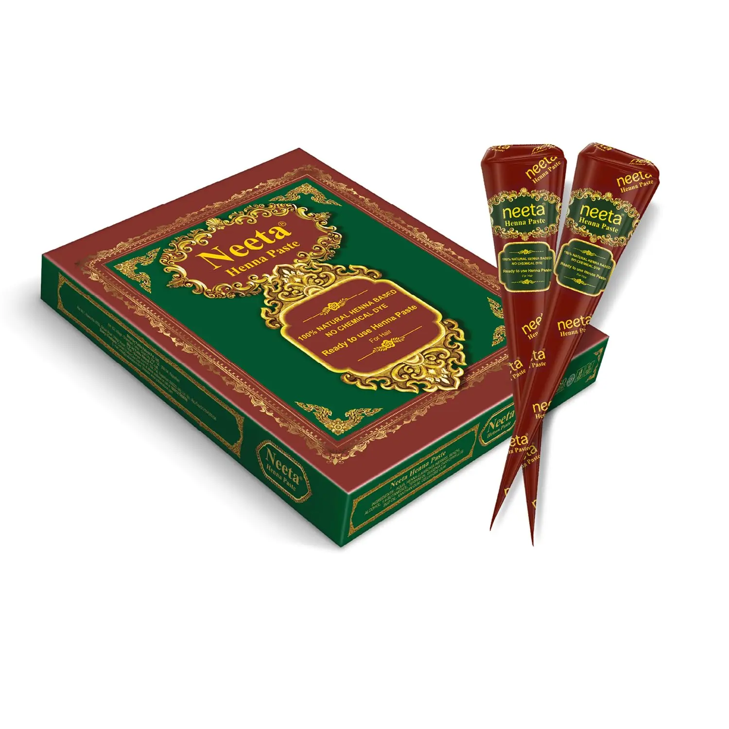 Neeta Ready-to-Use Herbal Henna Paste, Semi-Permanent Reddish Brown Hair Dye & Body Art Color, 12-Pack Cones