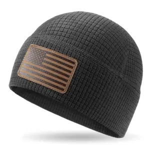 OUTDOOR SHAPING Grid Waffle Fleece Beanie with Leather USA Flag Patch Tactical Skull Cap Lightweight Warm Windproof Wicking Winter Running Cycling Gym Hiking Hat Basic and Reversible