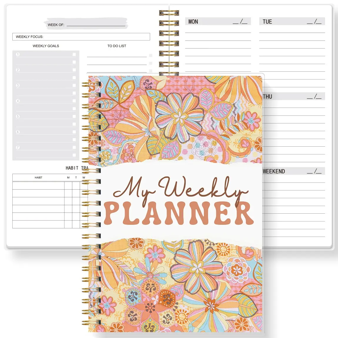 A5 Bohemian Floral Weekly Planner Notebook, Colorful Vintage Style Twin Wire Binding, Undated Habit Tracker & To-Do List, Suitable for Students Office Women