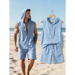 Men's New Summer 2pcs Set, Top: Hooded Sleeveless Button-Up Shirt + Bottom: Loose Drawstring Shorts, Lightweight, Comfortable, and Breathable Linen Fabric, Men's Beach Vacation, Beach Outing, Beach Volleyball, Casual Sportswear Set