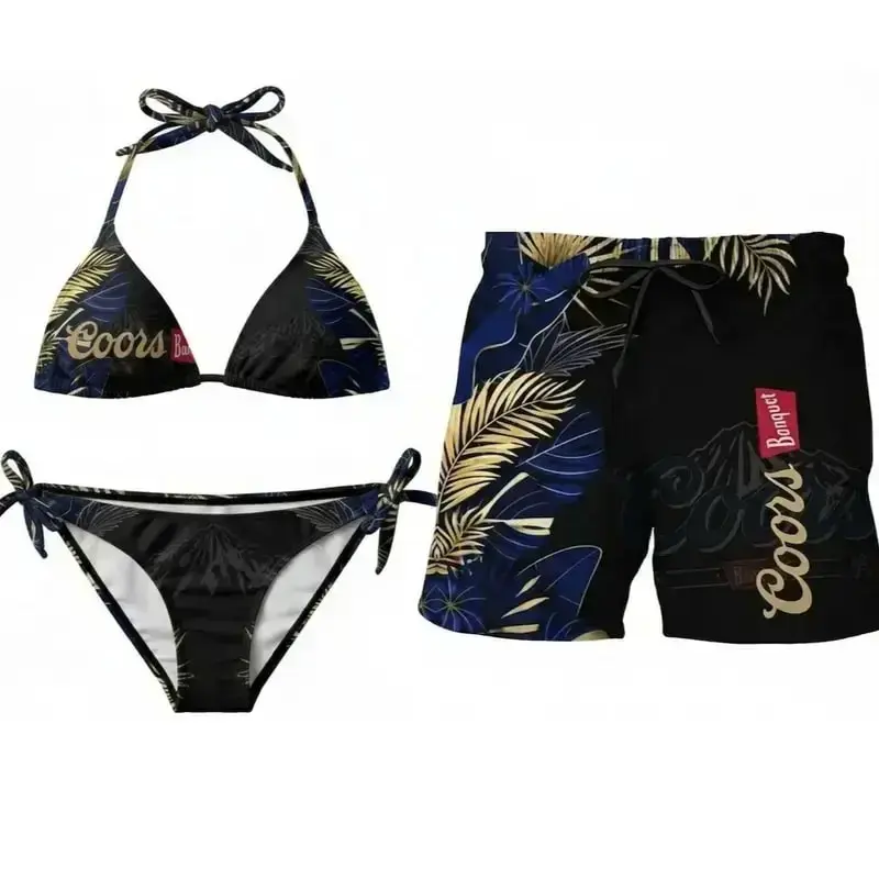 Coors Couples Swimwear Set - Women's Swim Bra & Tie-Side Thong Bikini, Men's Beach Shorts, Summer Vacation Hawaiian Swimwear