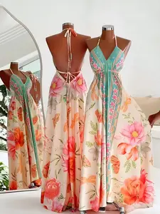Spring Summer Backless Halter Maxi Dress Women | Floral Print Tie Back Flowy Long Sundress | Bohemian Boho Vacation Style for Beach Travel Honeymoon Wear