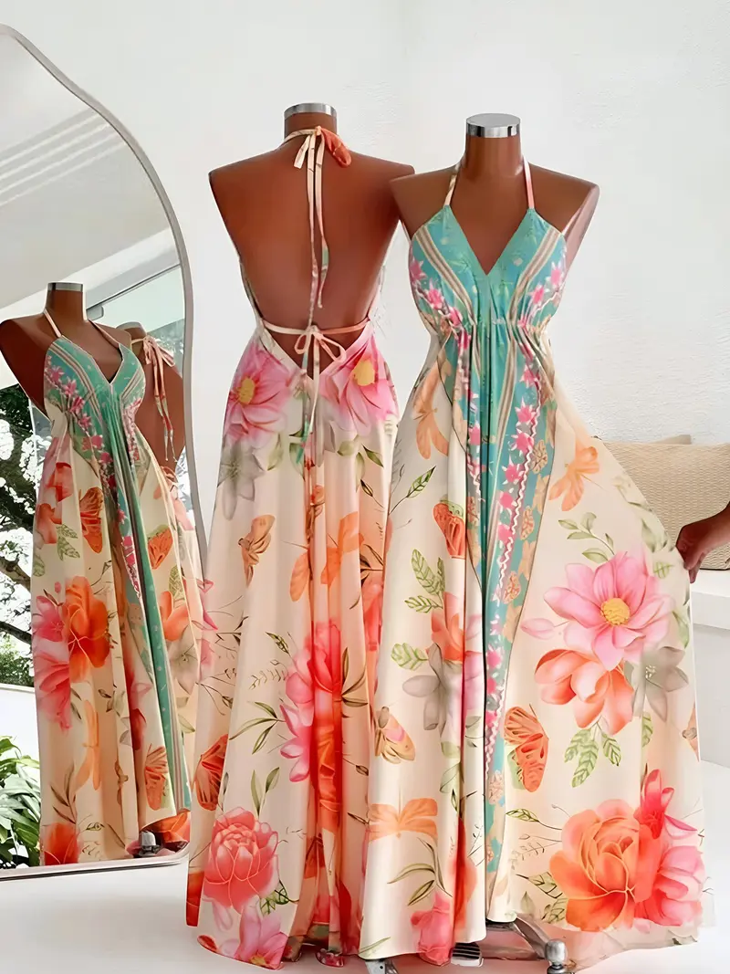 criss cross backless floral flare dress Rowan Sleeveless Halter Floral Print Maxi Dress Pink SMALL main image 1