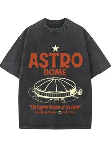 Men's Vintage Houston Astrodome Graphic T-Shirt - 230g Water-Washed Cotton Retro Streetwear Tee with "Eighth Wonder of the World" Print, All-Season Comfort, Machine Washable, Ideal Holiday Gift, Casual Crewneck funny graphic tee