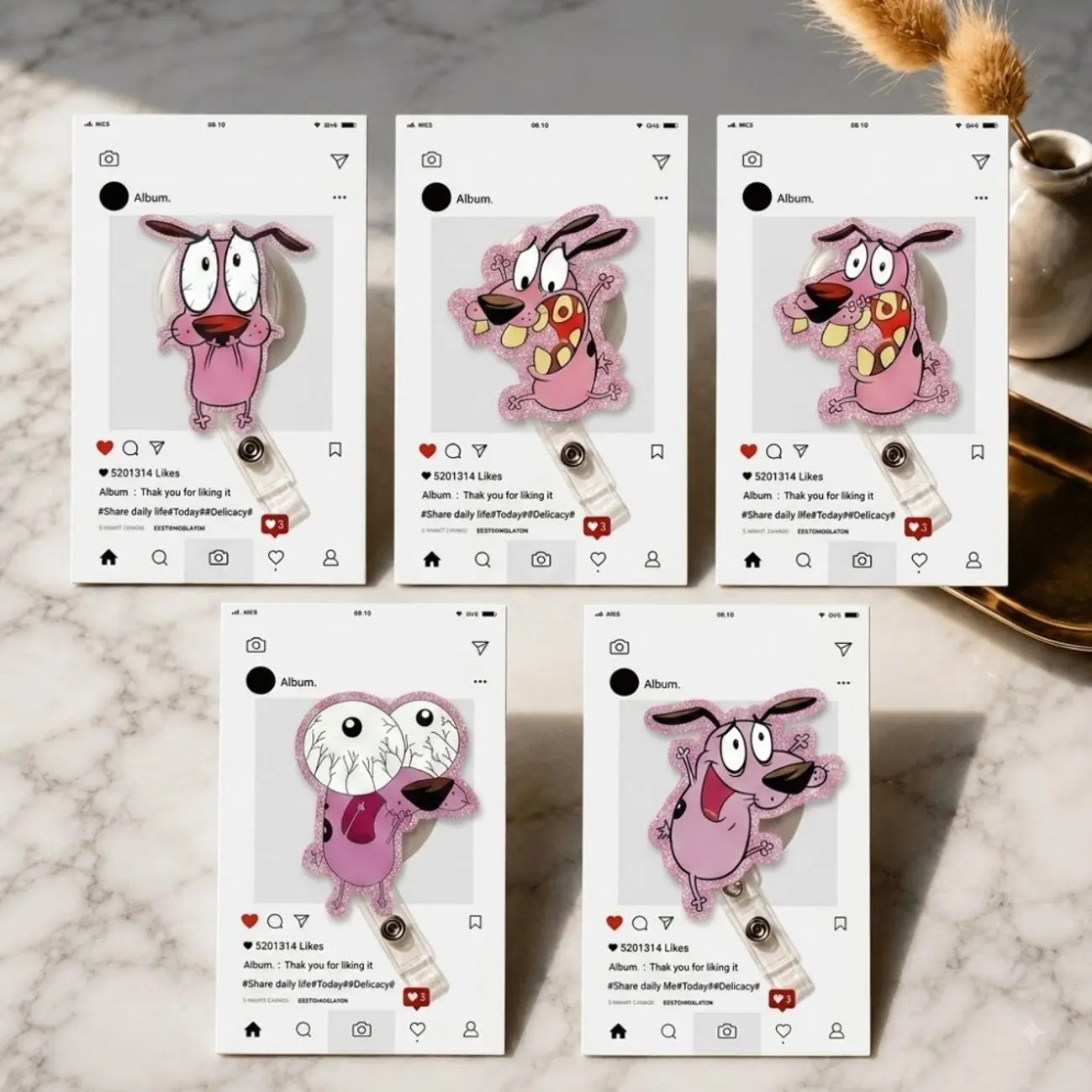 Funny Scared Pink Cowardly Dog Badge Reel Retractable ID Holder Cartoon Glitter Clip Gift