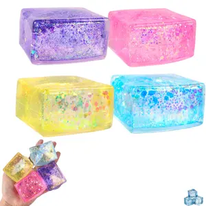 Glitter Ice Cube Fidget Toys, Soft Cube Sensory Squishy Fidget Toys Square Squeeze Stress Balls for Kids Adults Anxiety Stress Relief, Classroom Prizes, Birthday Gifts Party Favors