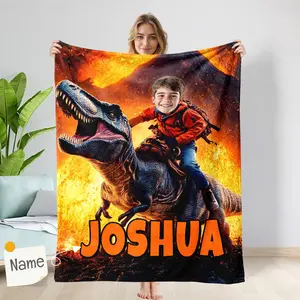 Customized Face Throw blanket, Personalized Boy Blanket with Name, Photo Blanket, Kids Blanket, Name Blanket Gift for Kids Adults Dinosaur Lover Fans