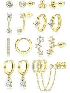 Brilliant 8 Pairs Golden Small Dangle Hoop Earrings Set Hypoallergenic Huggie Stainless Steel Hoop Studs Earring Stacks for Women Men for Sensitive Ears Cartilage Earring Sets for Multiple Piercings