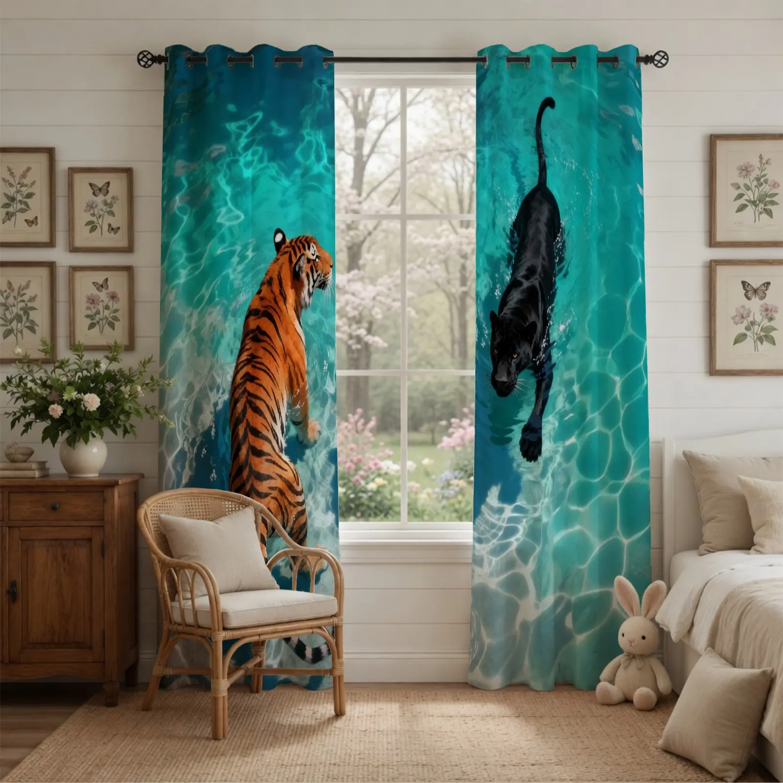 Wildlife Animal Print Blackout Curtains, 2 Panels, 80%-90% Light Blocking, Tiger & Panther Swimming Printed Darkening Curtains for Stylish Home & Bedroom Decor