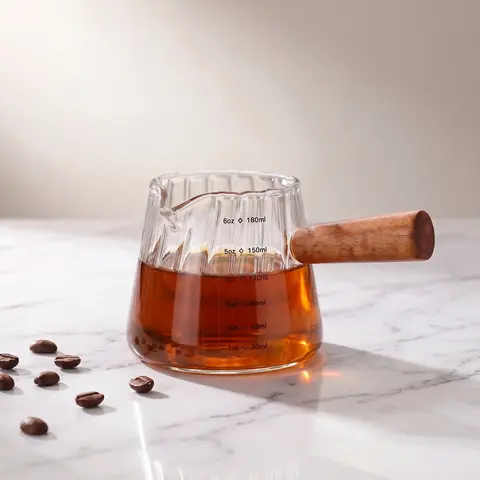 6 Oz (180ml) Sturdy Durable Glass Cylindrical Espresso Measuring Cup - Detachable Wooden Handle, Clear/Smoke Dual Scale, Milk Frothing & Latte Serving Kitchenware Accessory for Home