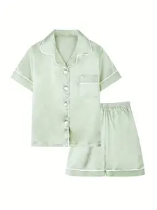 Kids Satin 2 Piece Pajama Set Short Sleeve Button Down Sleepwear for Girls, Ideal Kids Girl Stuff & Kids Stuff, Cute Teen Girl Clothes, Soft Comfy PJs 5-14Y, Polyester, Plain
