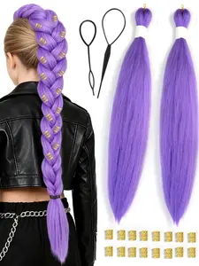 Yaki Hair Extensions for Braids, Pre-Stretched 2 Packs, Synthetic Braided Hair, Light Braiding Hair for Cosplay, Halloween, Daily Use, Includes Cuffs & Tools