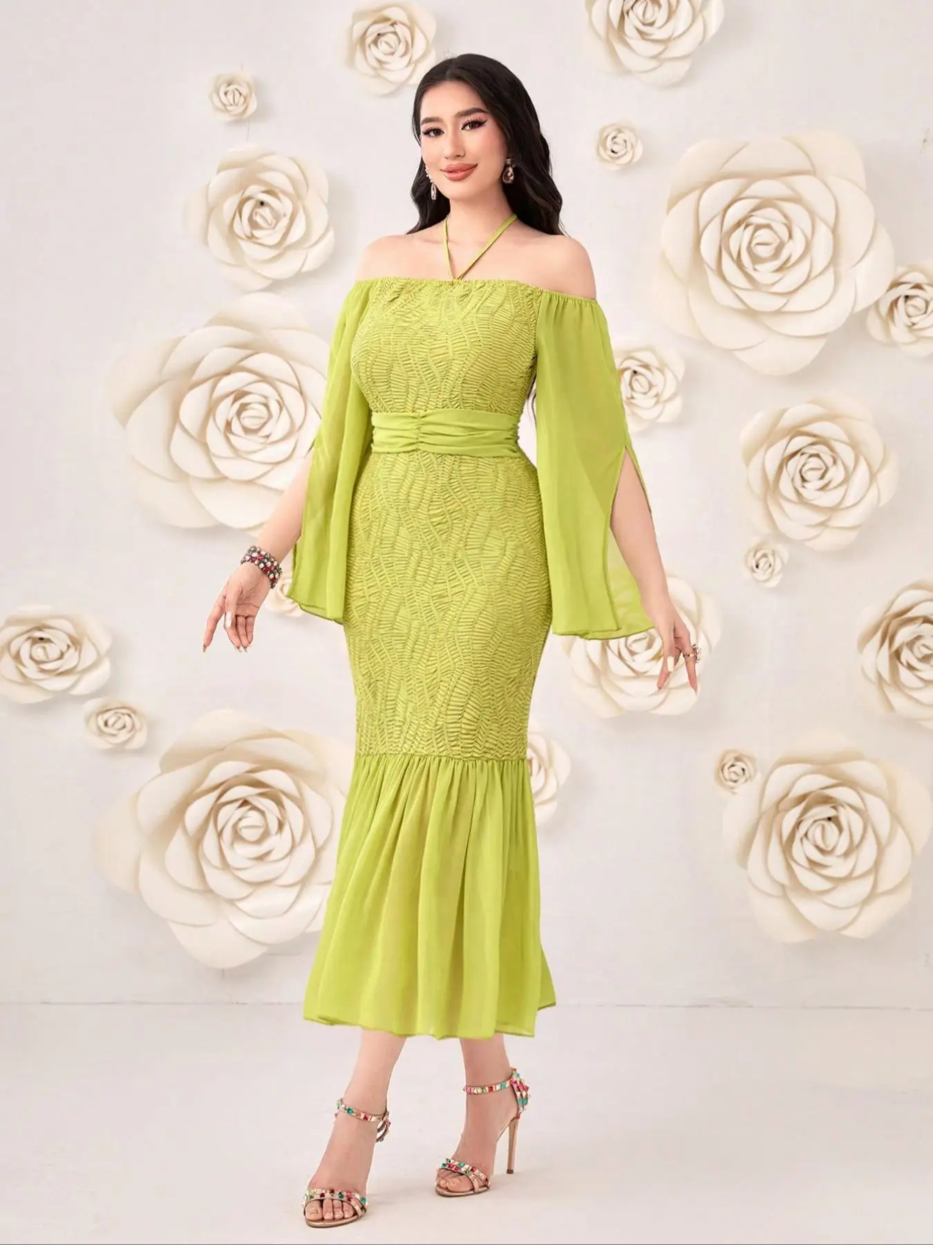 Women's Plain Patchwork Print Off Shoulder Dress, Elegant Fashion Casual Cloak Sleeve Dress for Daily Outdoor Wear, Women Dress for All Seasons