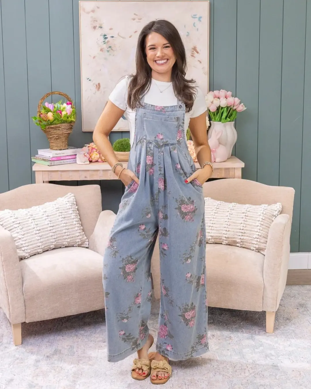 Floral Print Pleated Wide Leg Denim Jumpsuit | S-XL