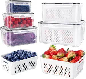 Large Fruit Containers 5 PCS Leakproof Food Storage with Removable Colander, Dishwasher & Microwave Safe for Fresh Produce, Veggies, Berries & Meat Kitchen Utensils
