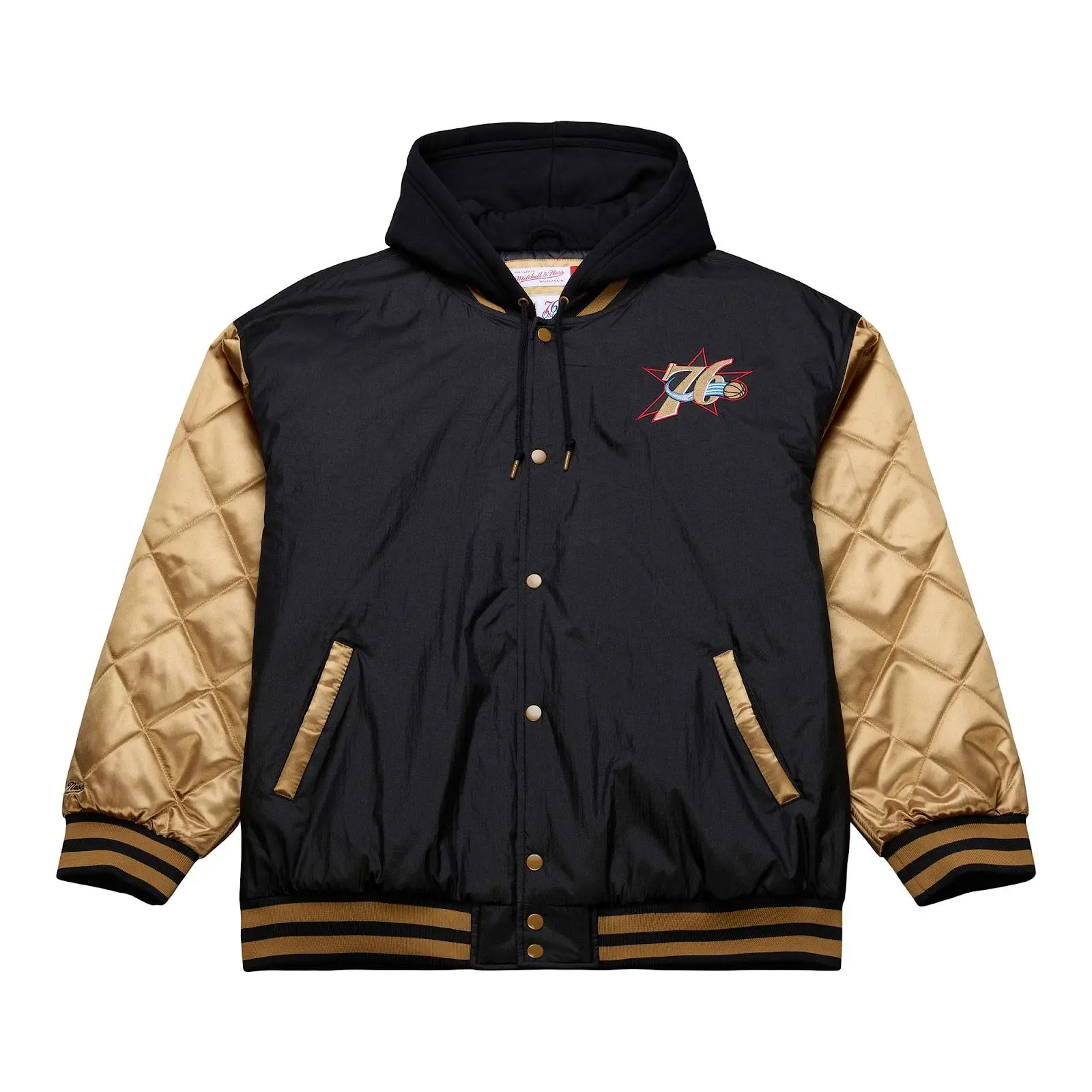 Philadelphia 76ers Black/Gold 2001 Team Roster Diamond Fusion Full-Snap Jacket NBA Throwback Outerwear Vintage Fan Gear Mitchell & Ness