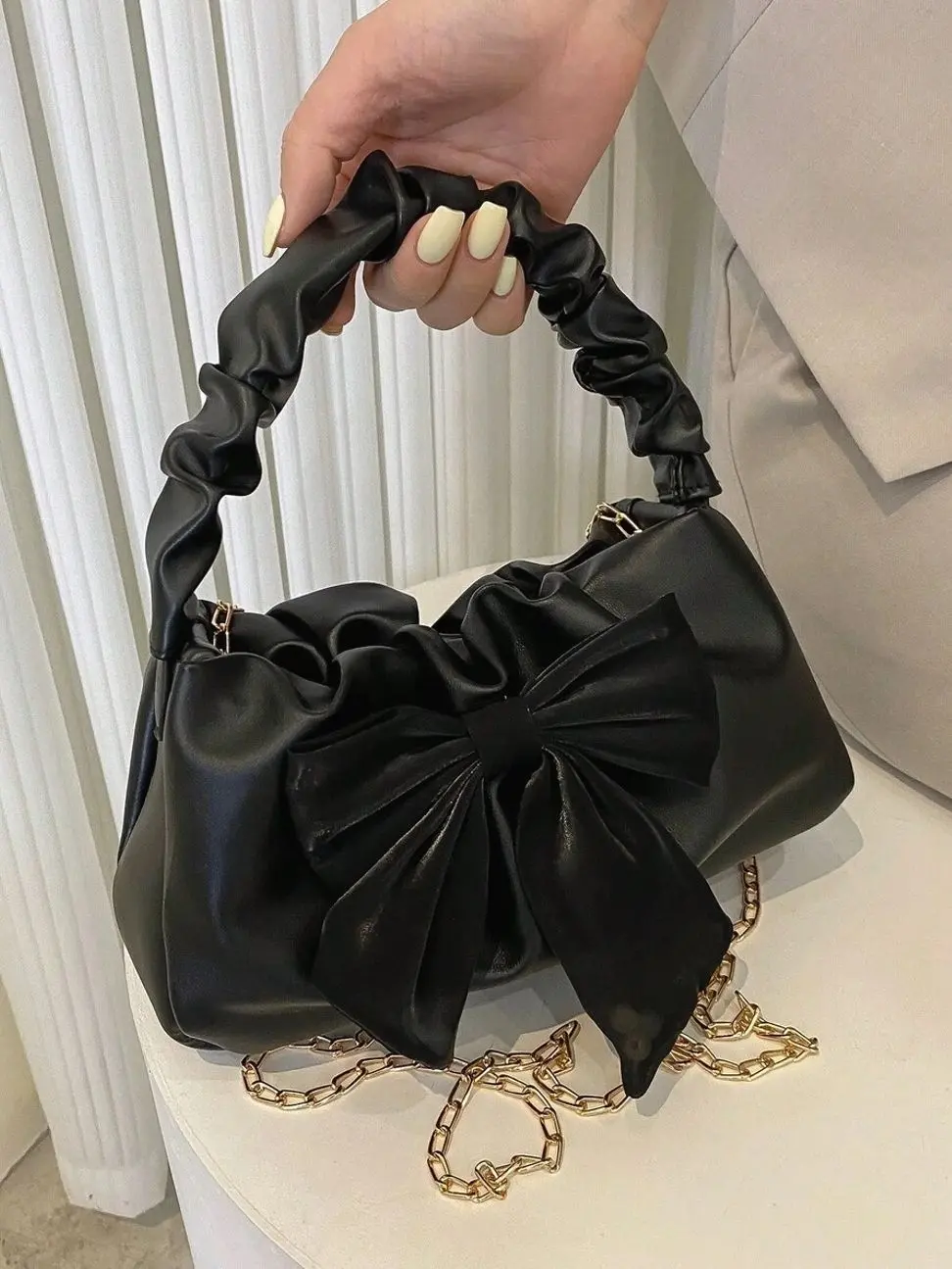 Fashionable Crescent Pleated Handbag with Bow & Scarf – Cloud-Shaped Chain Shoulder & Crossbody Bag, Valentine Gift