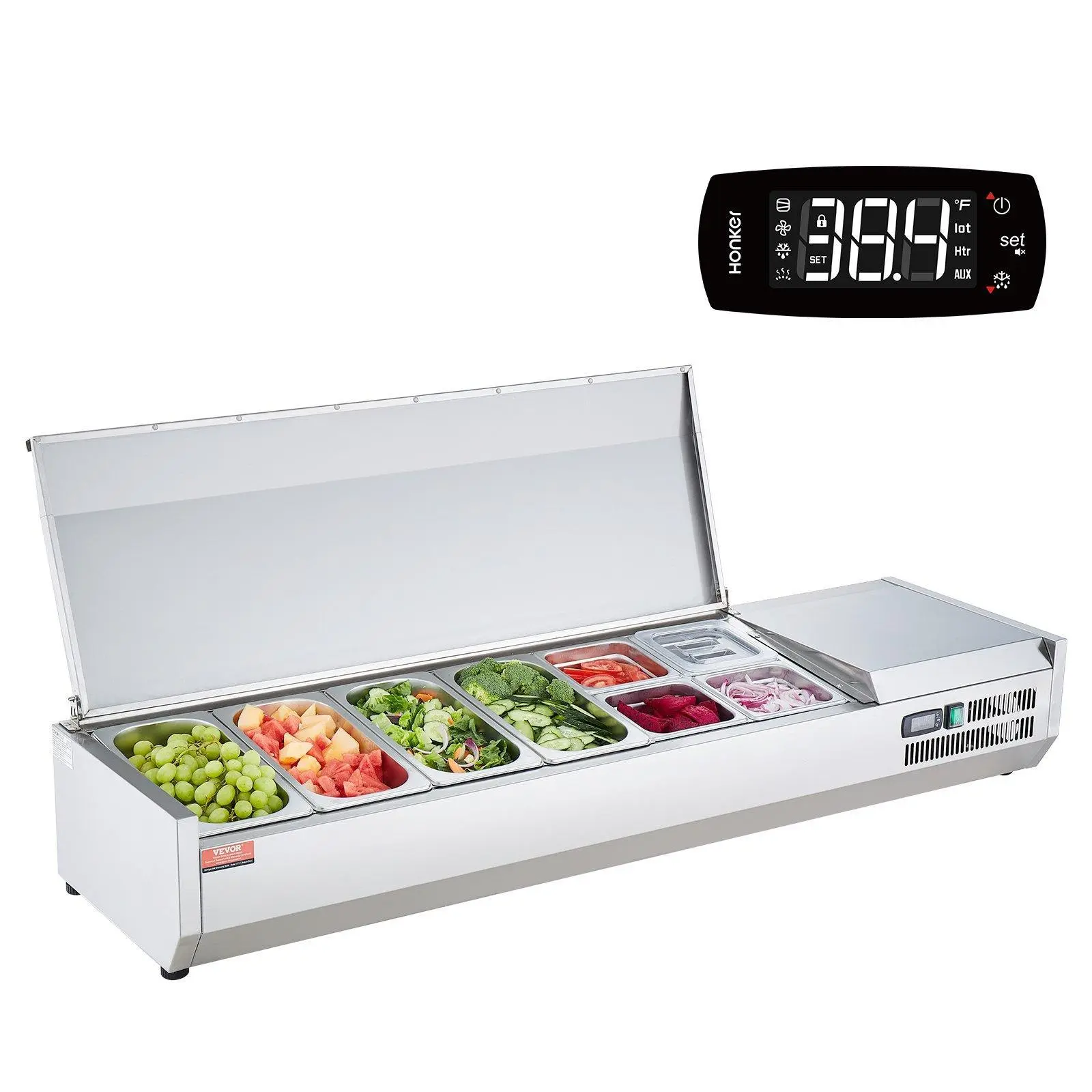 【Backtoschool】VEVOR Countertop Refrigerated Condiment Prep Station - 150W Kitchen Equipment with 4 1/3 & 4 1/6 Pans, 304 Stainless Steel Body, PC Food Cover, Multi-Size Containers, Stainless Guard, ETL Certified Refrigeration