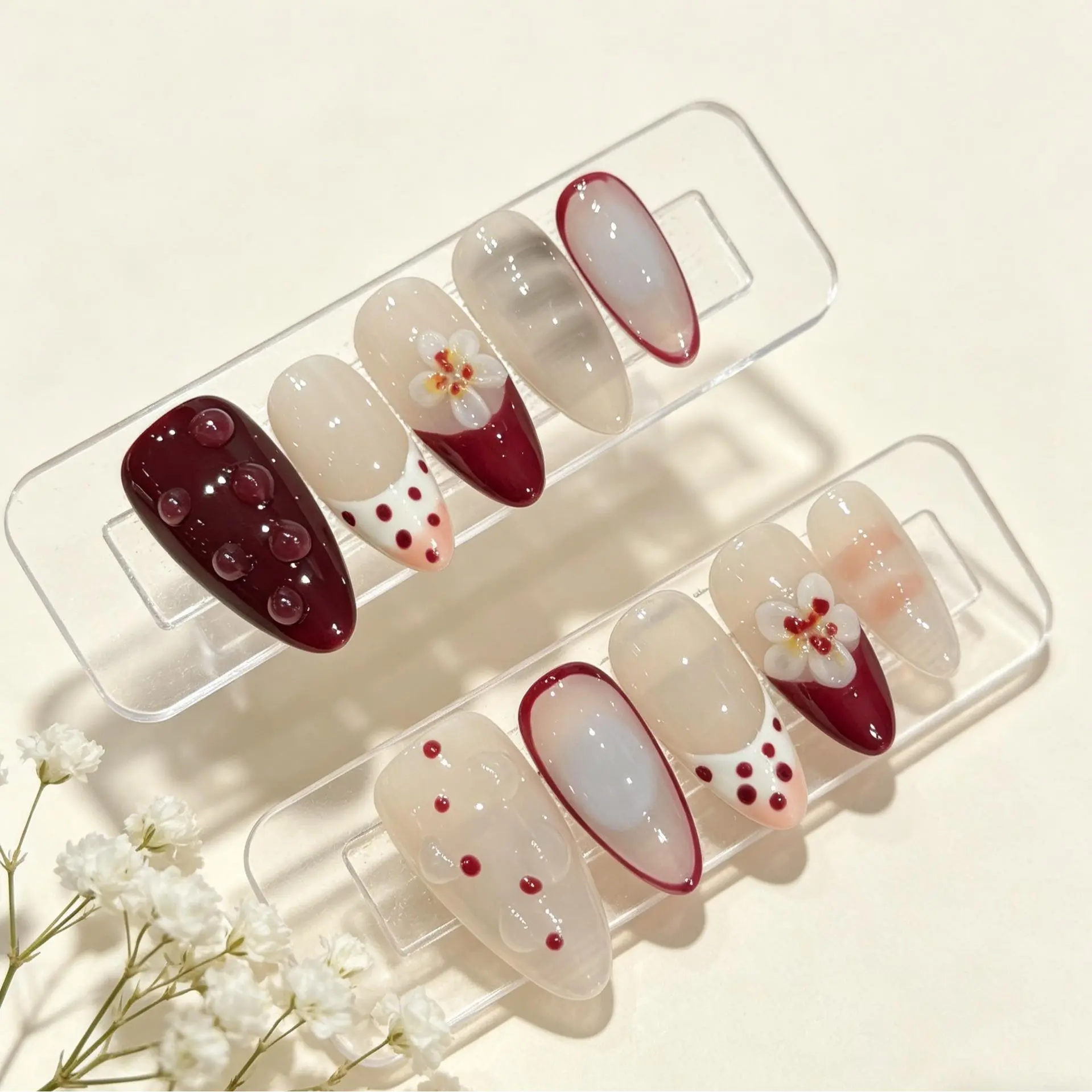Lucy U 3D Strawberry Painted Detachable Short Floral Press-On Nails - Spring-Summer Blush Pink Elegant Nail Art Decor for Beauty & Personal Care (A53), Short Nail Art