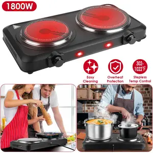 2000W Electric Infrared Dual Burner Portable Heating Hot Plate Stove Countertop RV Hotplate with 7.5' & 6.3' Glass Cooktop Stepless Temperature Adjustments for Home RV Camp