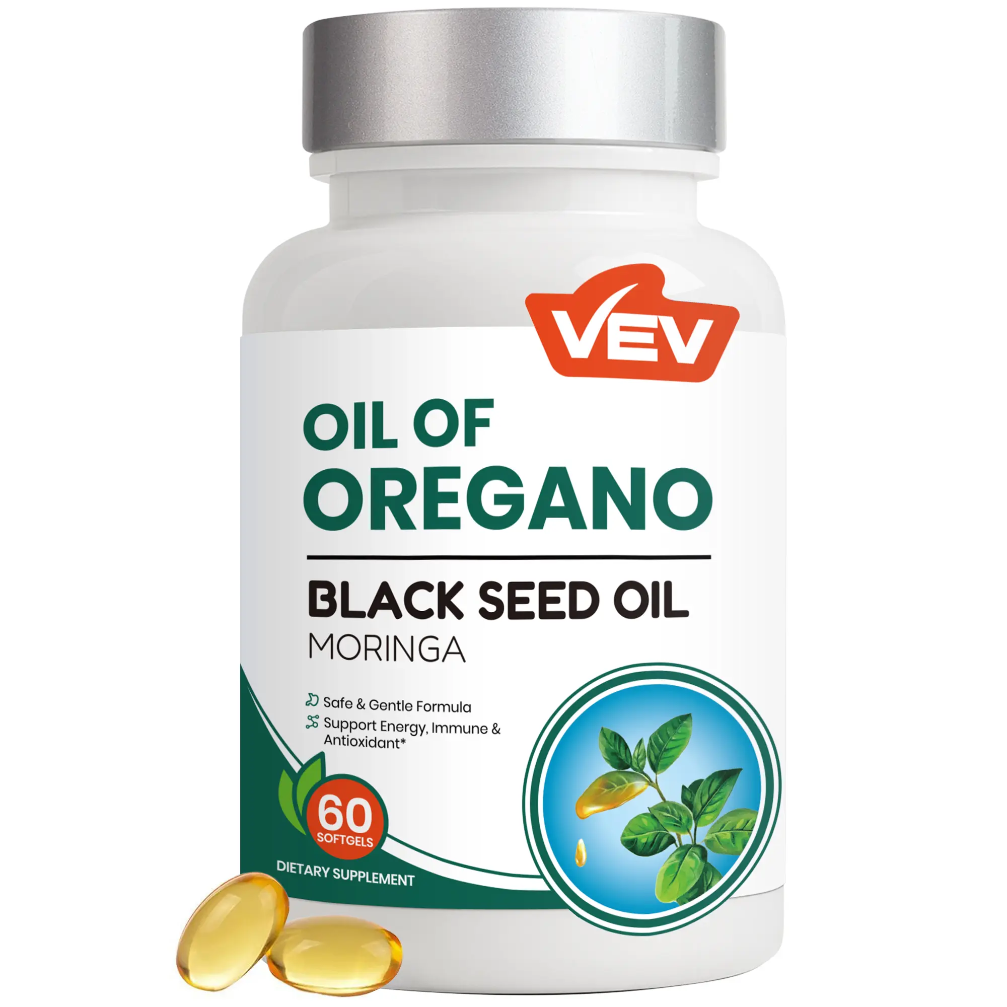 VEV Organic Oregano Oil Supplement, with Black Seed Oil, Moringa, and Ginger, Carvacrol-Rich Edible Dietary Healthcare Softgels, 60 Count