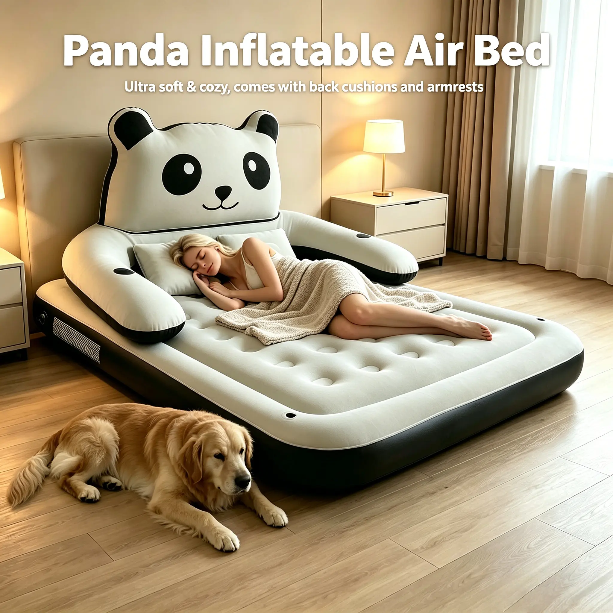 Portable Panda Inflatable Travel Bed with Pillows, Detachable Backrest, Upgraded Cup Holders - Multi-Purpose Indoor Outdoor Airbed for Camping, Birthdays