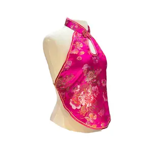 Brocade Apron Halter Top - Fuchsia with Flowers