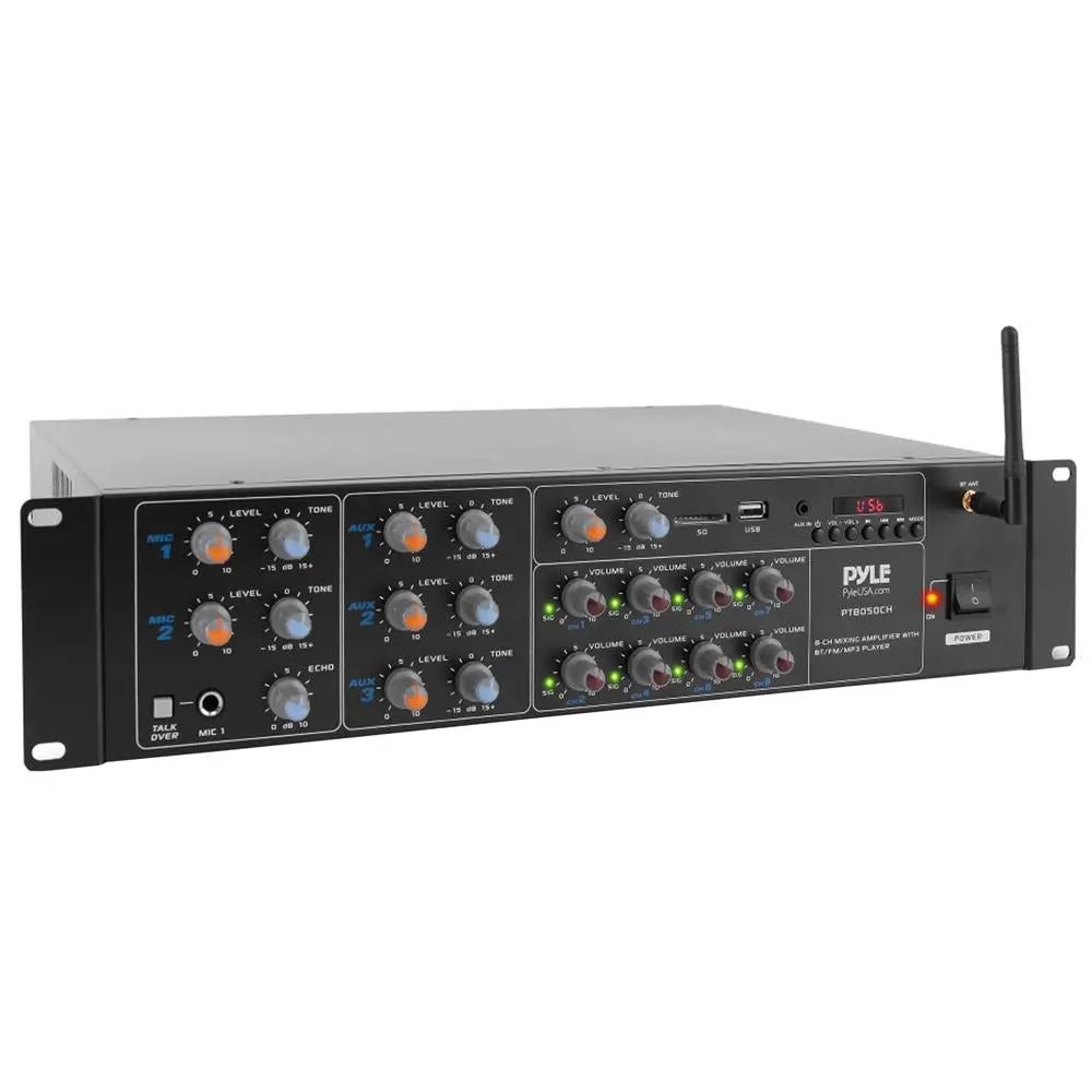 8-Channel 4000W Digital Bluetooth Home Amplifier - Rack-Mount Multi-Zone Mixer Receiver with USB, 3.5 mm Jack, Microphone Talk-Over, Wireless Smartphone Compatibility, Office Antenna, Speaker Support, Button Controls, Stage Studio Use, Lights, Protection