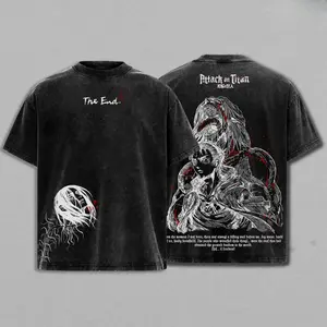 Vintage Acid Wash Eren Yeager Attack On Titan Inspired Graphic T-Shirt, Dark Anime Oversized Streetwear Tee, Retro Blood Splash Grunge Casual Top