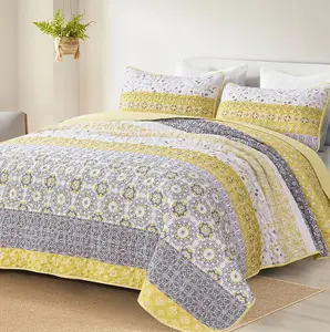 WONGS BEDDING Boho Quilt Set Queen King, Yellow Bohemian Striped Patchwork Summer Bedspread Coverlet Set with 2 Pillowcases,Lightweight Microfiber Floral Bedding Set