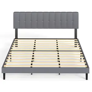 Soft Grey Headboard Bed Frame with Wooden Slats and Iron Frame, Adjustable Foam-Padded Headboard, Spacious Underbed Storage, Noise-Reducing Design, Quick Assembly