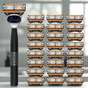 Classic Manual Wet Shaving Safety Razor, 6 Layer Stainless Steel Blades, 1 Handle + 24-48 Replaceable Blades, Non-Slip Design, Unisex, Washable, Shaving Razors