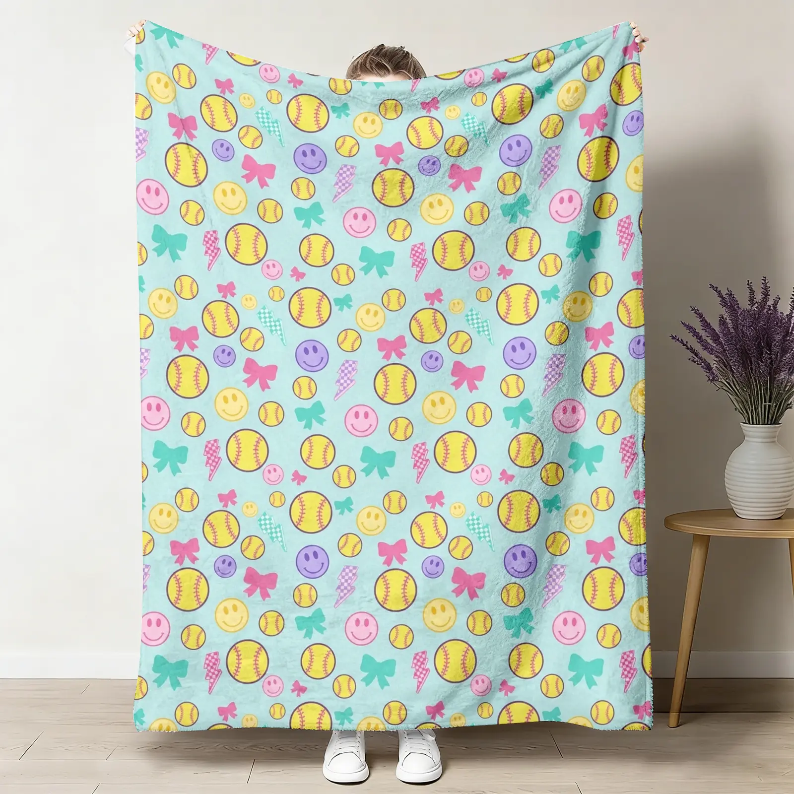 Teal Velveteen Softball Plush Blanket, Retro Vintage Colorful Print with Smiley Face & Light Blue, Yellow, Pink, Purple, Green Balls, Fade Resistant Sports Theme All-Season Cozy Throw, 280GSM Softball Room Decor, Flannel Plush Throws, Patterned Plush Thro