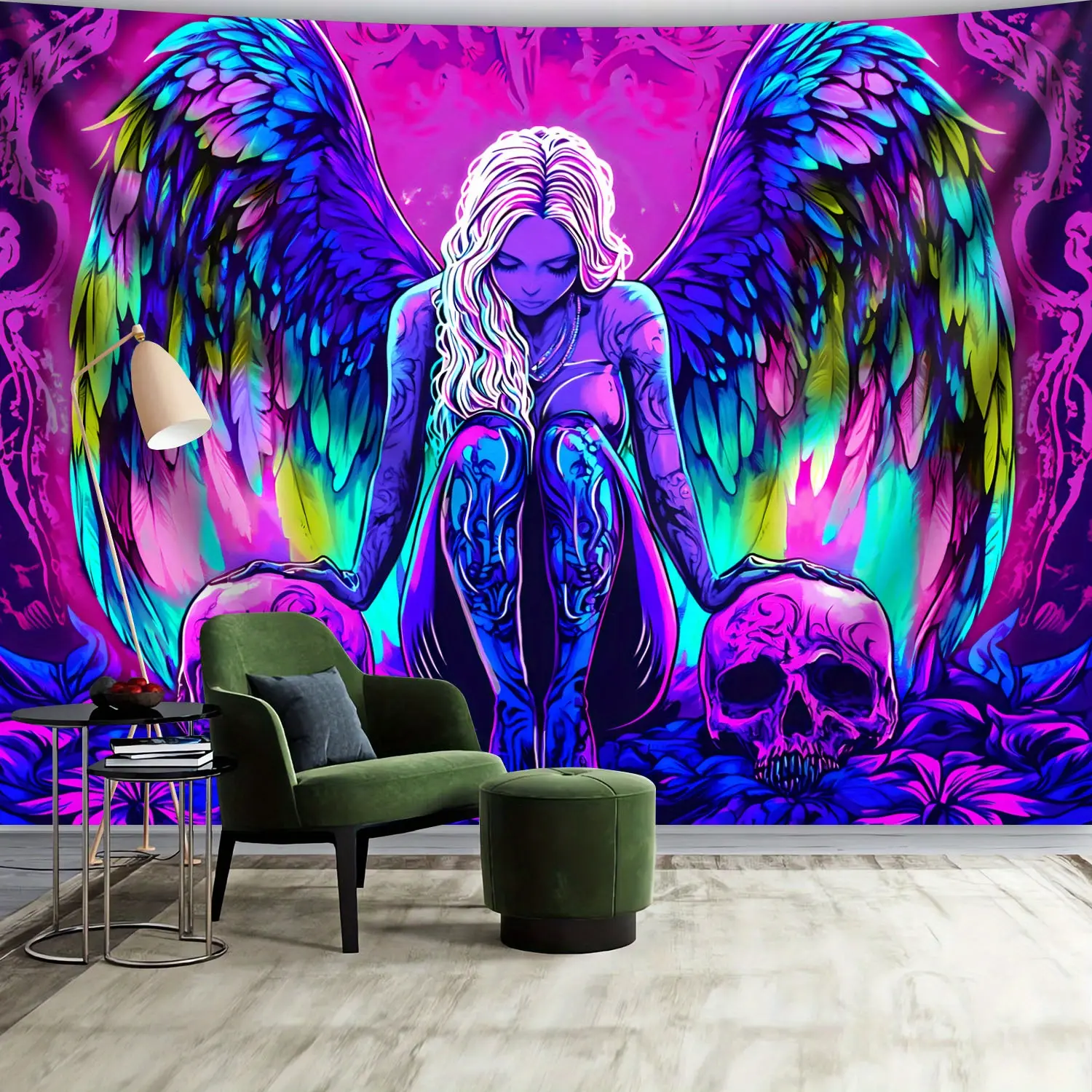 Large Glow-in-Dark Tapestry - Witch Woman with Skulls & Floral Neon Art, Fluorescent Aesthetic Print on Premium Polyester, Textured Wall Hanging for Bedroom, Party Decor, No Installation Needed, Female Figure Home Decor, Wall Decor
