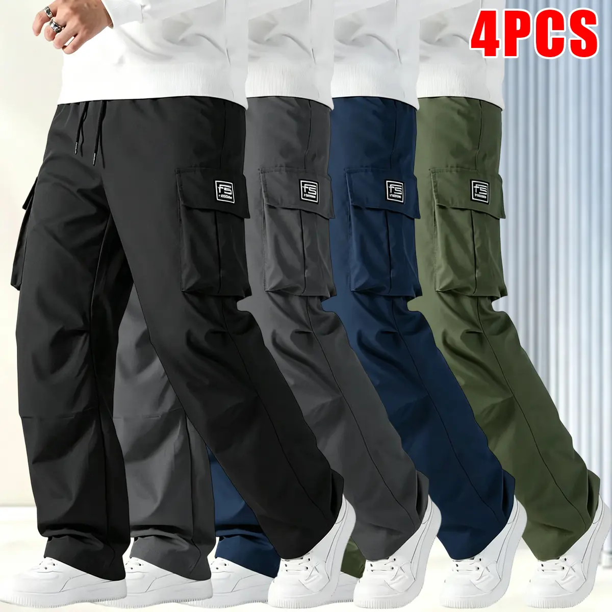 Men’s solid-color tactical work pants set of 4, featuring multiple pockets and an elastic waistband; durable outdoor hiking and casual pants suitable for everyday wear and outdoor activities.