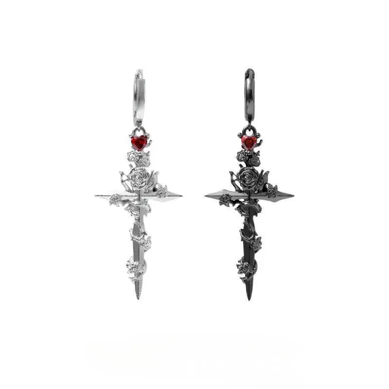 Sword of Thorns and Roses - Eardrop, Special Design Earrings, Original Dark Punk Style, Halloween Costume Jewelry, Solid ASTM F-136 Titanium, Gold/Silver PVD Plating, Nickel Free, Lead Free, 2.2 inches Length, Sold in Pairs