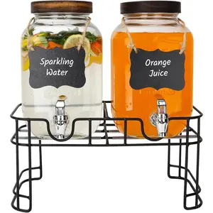 1 Gallon Glass Drink Dispensers with  Lid, 2 Pack Clear Beverage Dispenser with Stand and Spigot for Parties, Lemonade Dispenser with Markers and Chalkboard for BBQ, Picnic