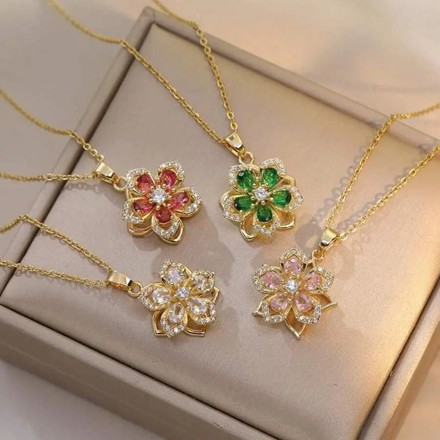 Flower Necklace For Women Gold Dainty Fidget Necklace Rotatable Crystal Silver Blossom Pendant Necklaces Adjustable Spinning Fidget Necklaces Redbud Flower Choker Funny Summer Jewelry