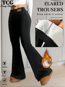 Women's Thickened Fleece Lined Knit Flare Pants, Warm Autumn Winter Casual Leggings, Comfortable Fitted High Waist Trousers for Daily Wear Womenswear
