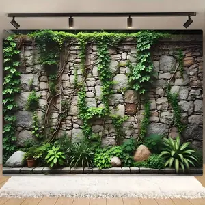 Artificial Ivy & Stone Wall Pattern Backdrop, Fake Ivy & Stone Wall Backdrop, Decorative Wall Decoration, Indoor & Outdoor Decoration, Photography Background