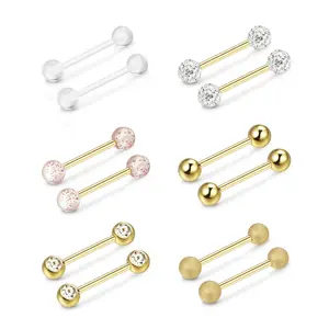 12-Piece Tongue Ring Set, Mixed-Style Piercing Barbells with Clear, Glitter, Sparkle and Matte Tops, Gold Tone & Transparent Piercing Jewelry for Everyday & Festival Styling