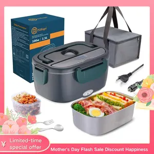 Nifogo Black Electric Lunch Box 80W 1.8L Stainless Steel Portable Heated Meal Box Display Screen Car Truck Work School 12V 24V 110V