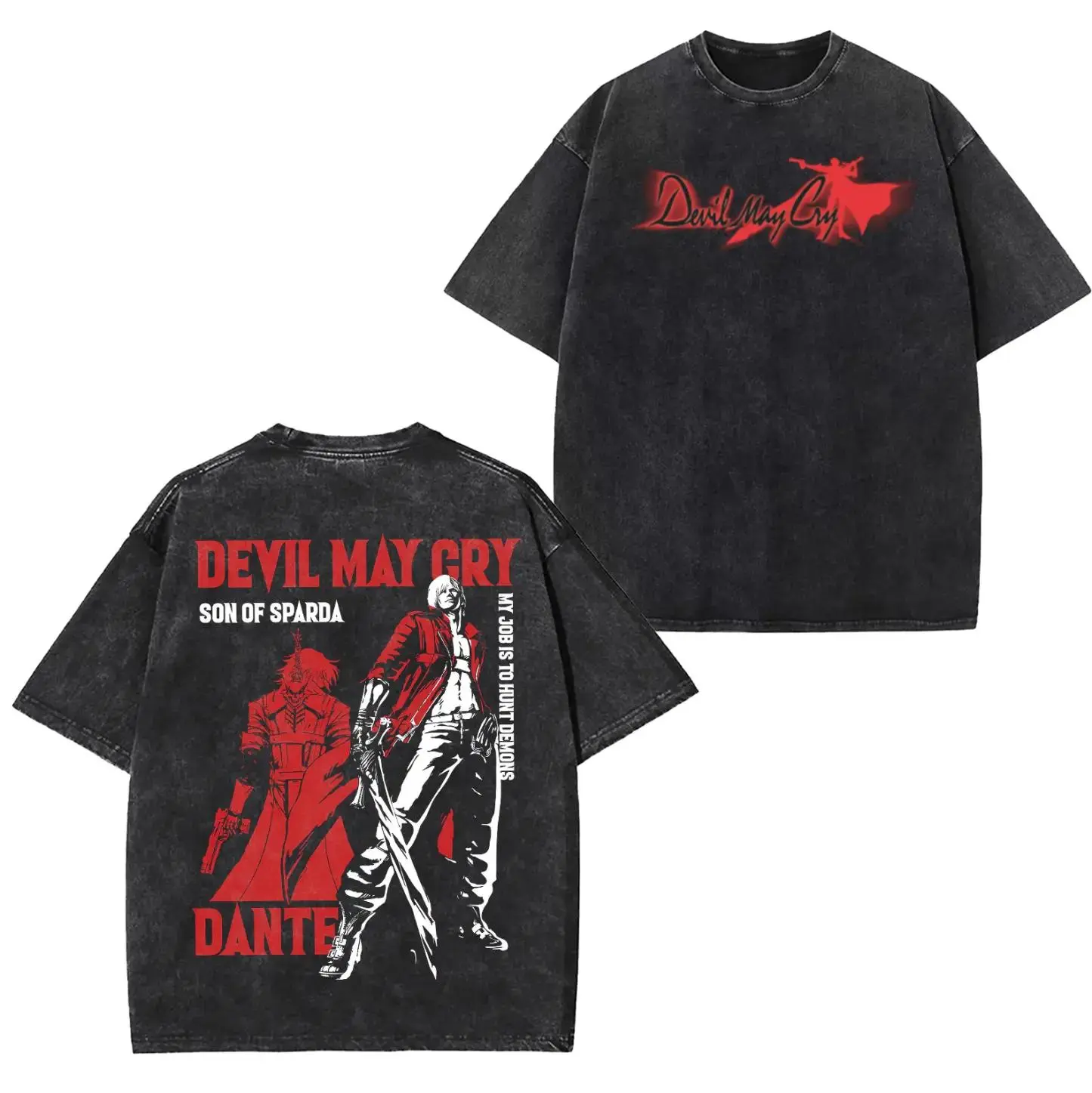 Devil May Cry Dante 'Son of Sparda' Mineral Washed Graphic T-Shirt - Vintage Black Oversized Gamer Tee Featuring Epic Demon Hunter Art and 'My Job is to Hunt Demons' Quote for Video Game Fans