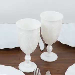 24-Pack Plastic Wine Glasses 10oz – Pearl White Vintage Goblets with Retro Embossed Design, Elegant Drinkware - 7" Tall