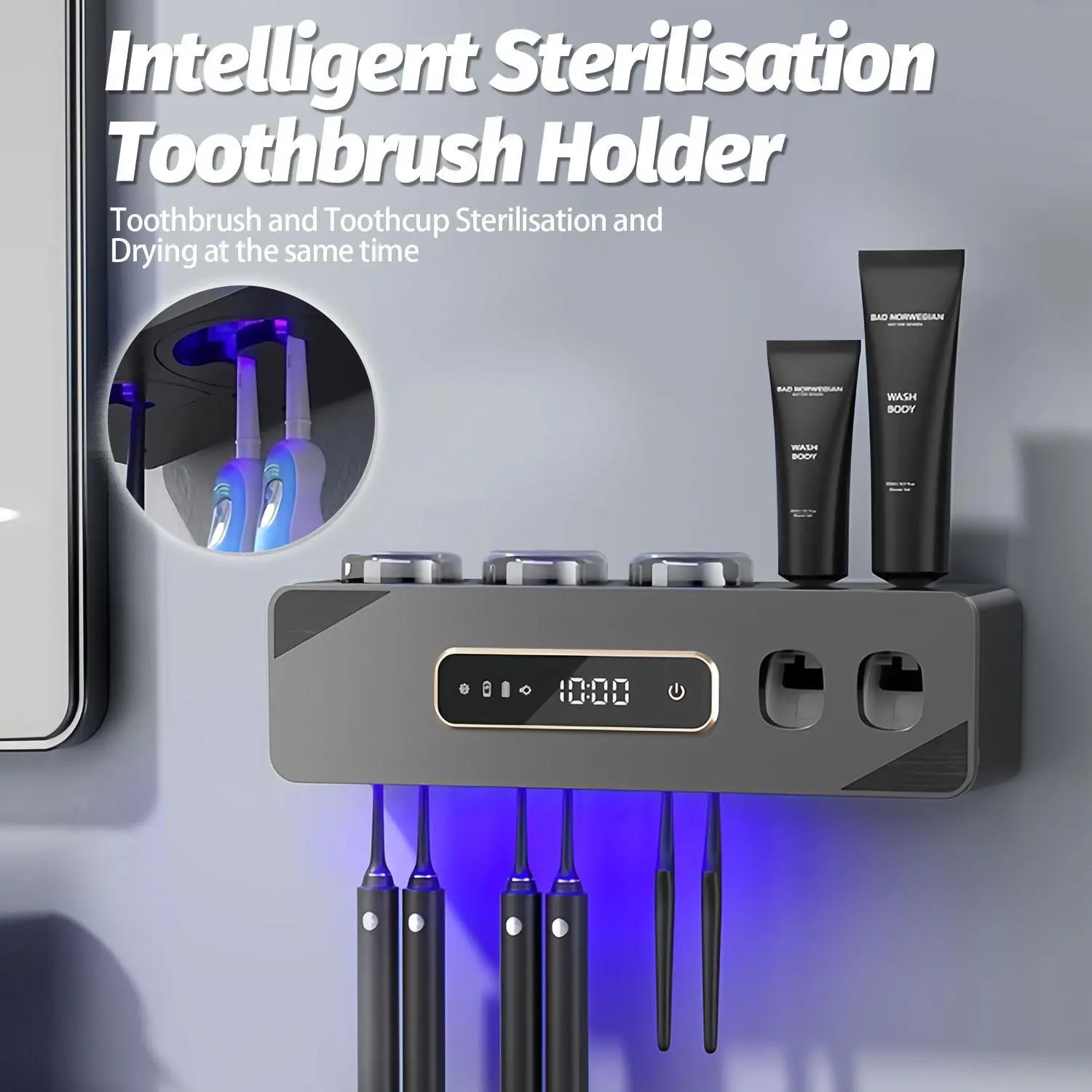 Toothbrush Sanitizer and Holder - Renter-Friendly Wall-Mounted Drill-Free Plastic Organizer with Warm Air Drying, Automatic Toothpaste Dispenser, LED Display, Magnetic Design - Automatic, Modern, Multi-Compartment Bathroom Essential Gift, Automatic Toothb
