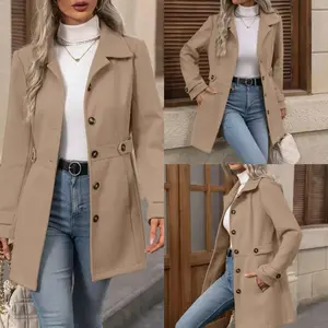 Women's autumn and winter elegant single button slim fit wool coat with lapel, medium length fashionable wool coat, lapel button fashionable slim fit wool windbreaker, fashionable, casual, minimalist design, women's outerwearRAIMENTRY